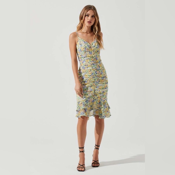 Astr Dresses & Skirts - Astr Floral Ruffle Midi Dress in Yellow & Blue